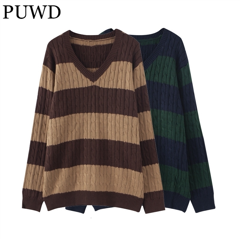 

Women's Sweaters PUWD Vintage Women V Neck Stripe Loose Pullover Spring Fashion Ladies Streetwear Knitted Y2K Girls Chic Knitwear 221201, Black gray