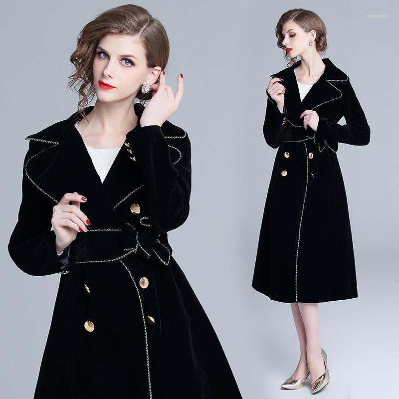 

Women' Trench Coats Women' Spring And Autumn Put On A Large Hem Black Velvet Long-Sleeve Lapel Double-breasted Jacket Coat