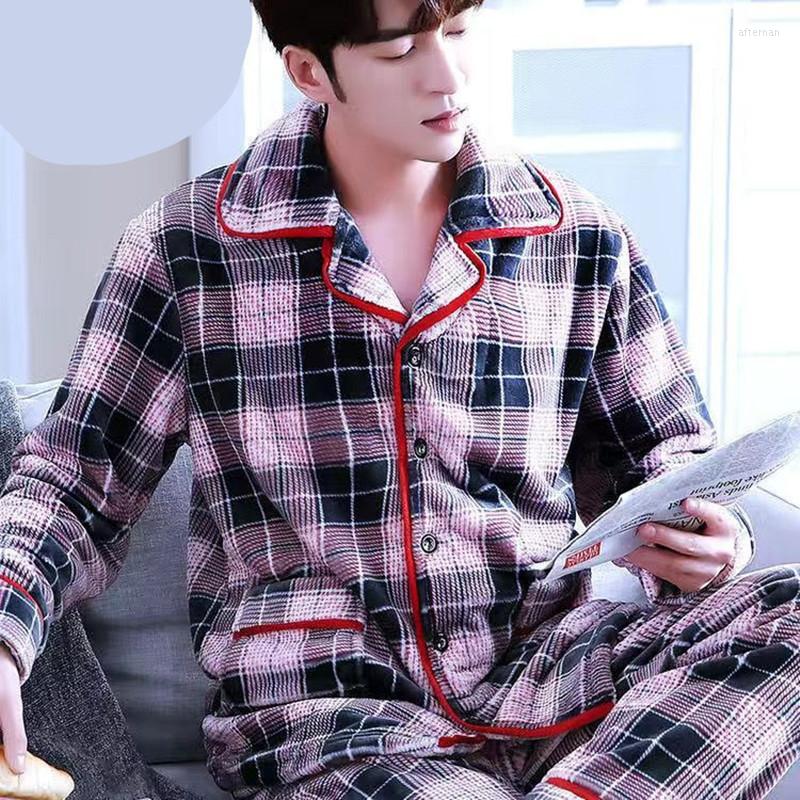 

Men's Sleepwear Men's Pjs Set Thick Casual Man Pajama Full Sleeve Shirt Pant Warm Flannel Winter Homewear Big Size Fashion Pajamas