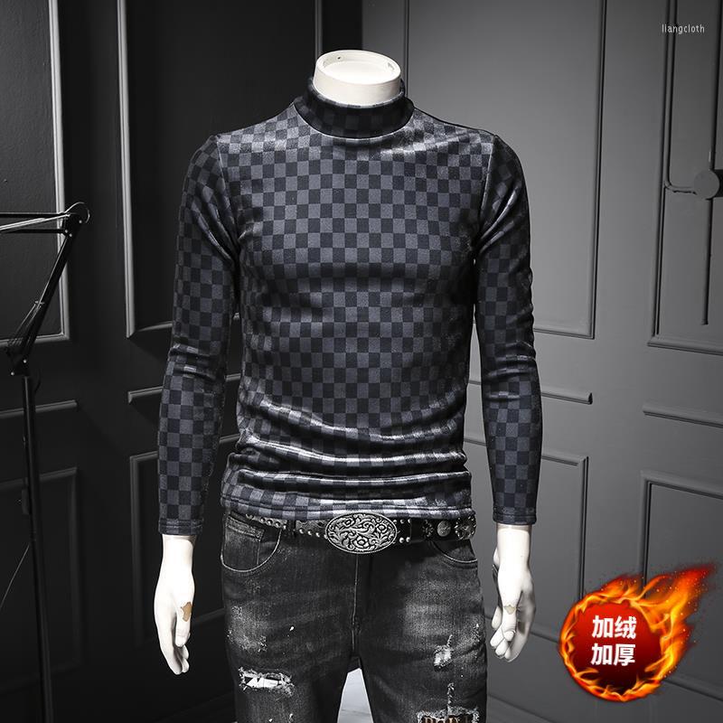 

Men's T Shirts Plaid Fashion Bottoming Shirt High Neck Slim Fit Inside Small Plush Thickened Large Long Sleeve T-shirt T-shir, Black