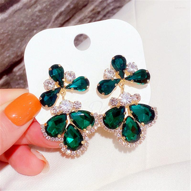 

Dangle Earrings Fashion Green Crystal Leaf Drop Statement Party Jewelry For Women