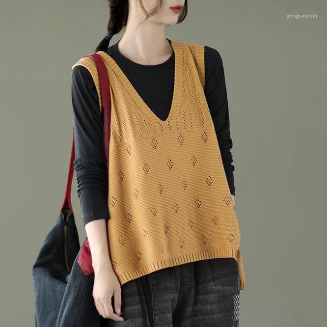 

Women's Vests 2022 Spring Autumn Vintage Sweet Hollow Out Knitted Wool Women's Vest V-neck Pullover Girl Outdoor Leisure Simple Yellow, Blue