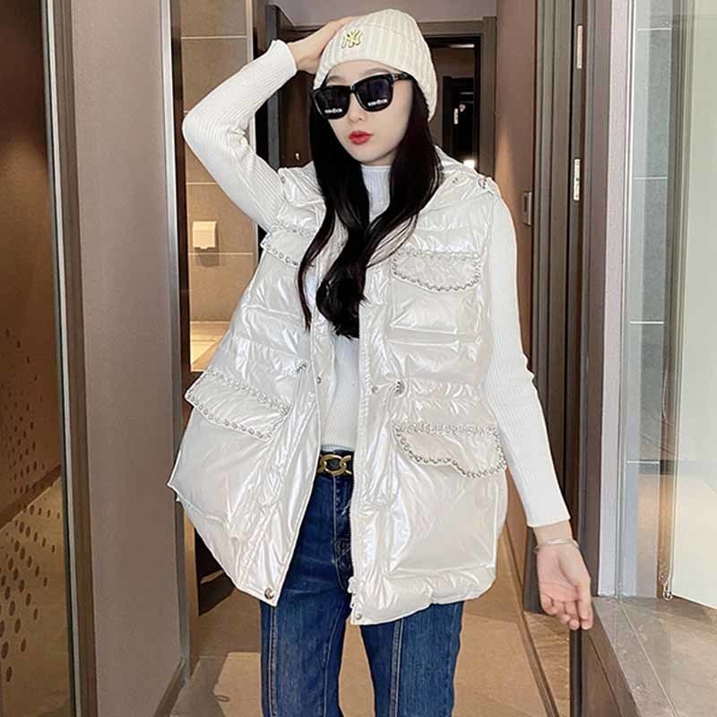 

Women's Vests Winter Women's Long Vest Shiny Solid Hooded Sleeveless Jacket Plus Size Stand Collar Cotton Padded Thick Casual Outwear 221202, White