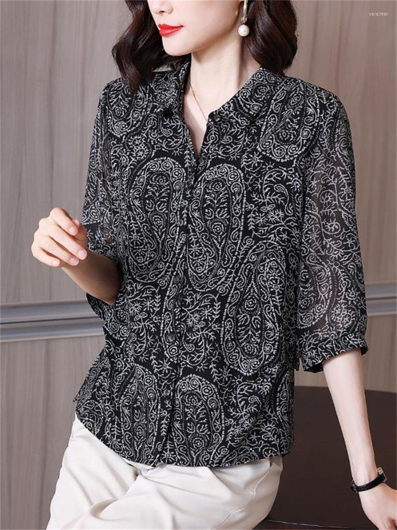 

Women's Blouses 4XL Women Spring Summer Shirts Lady Fashion Casual Half SleeveTurn-down Collar Retro Printing Blusas Tops2348, Black