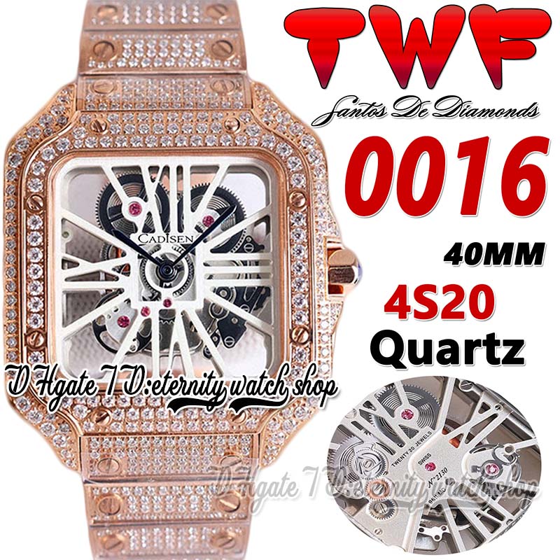 

TWF TWW0016 Swiss Ronda 4S20 Quartz Mens Watch Fully Iced Out Diamonds Case Rose Gold White Roman Skeleton Diamond Bracelet Super Edition eternity Jewelry Watches, Watch waterproof production cost
