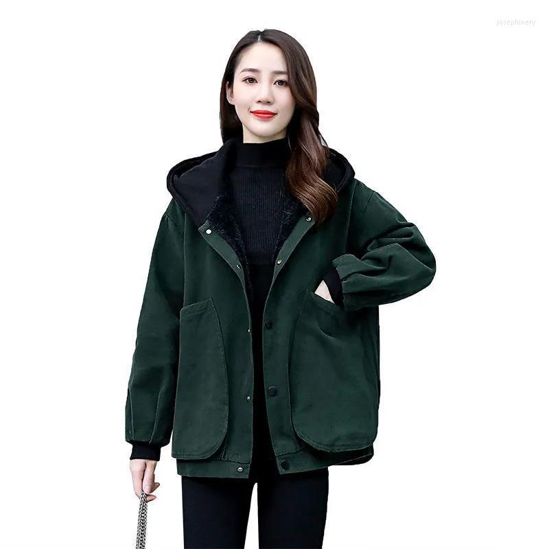 

Women's Jackets 2022 Autumn Winter Hooded Coat Female Add Velvet Cotton-Padded Jacket Women Loose Big Pocket Student Outerwear, Red wine