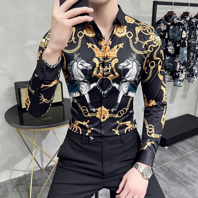 

Men's Casual Shirts Luxury Crown Paisley Camisa Masculina Spring Autumn Slim Fit Long Sleeve Mens Fashion Shirt Club Prom Designer For Men, White