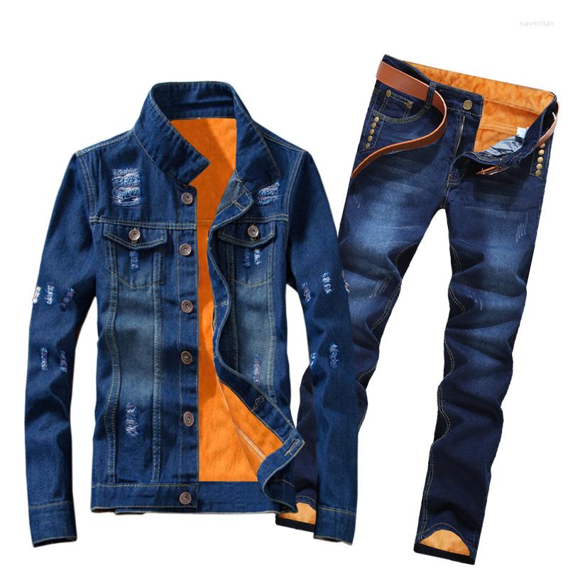 

Men's Tracksuits Winter Women Men Fleece Lining Thick Warm Denim 2 Piece Set Slim Cowbody Jacket Jeans Suit Safari Style Cargo Pants, 12