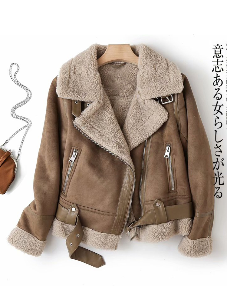 

Women's Leather Faux Ailegogo Women Winter Shearling Sheepskin Fake Jackets Lady Thick Warm Suede Lambs Short Motorcycle Brown Coats 221201