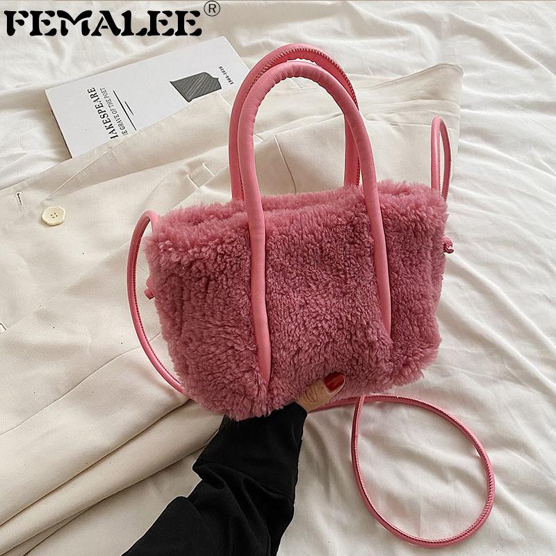 

Shoulder Bags Warm Double Strap Tote Women Bag Designer Lambswool Handbag Soft Faux Fur Shopper For 2022 Winter Purse, Beige