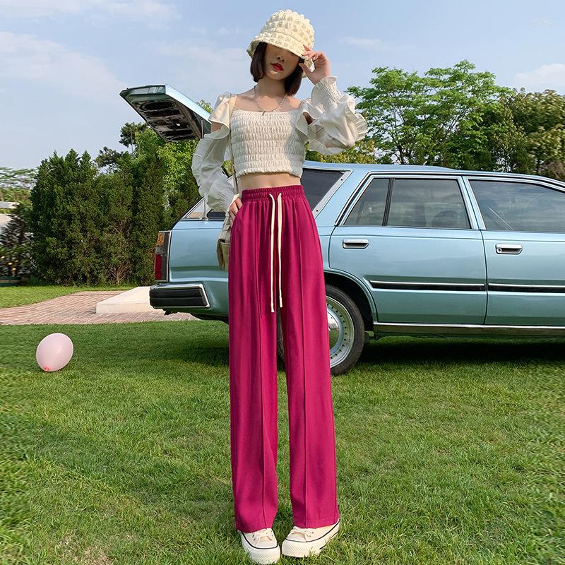 

Women' Pants Sweet Dragon Fruit Color Midline Wide-Leg Women' Summer Loose All-Match Drape Casual High-Waisted Slim Straight-Leg, Black