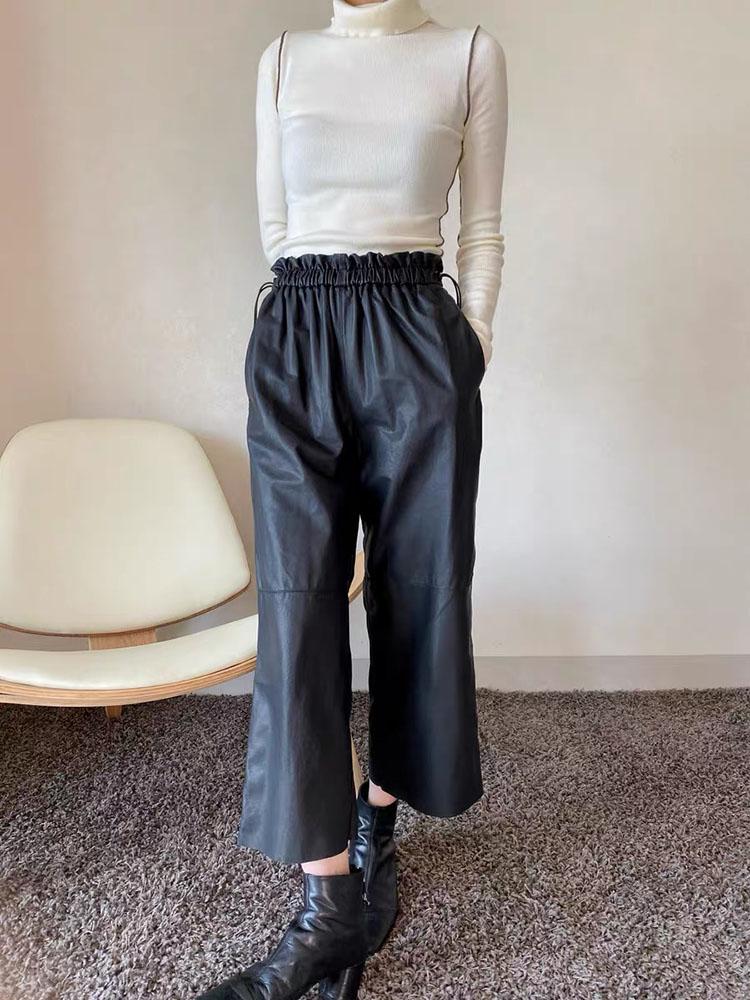 

Women' Pants & Capris Genuine Leather Women High Waist 2022 Autumn Winter Korean Fashion Wide Leg Pant Street Wear Trousers Elastic, Black
