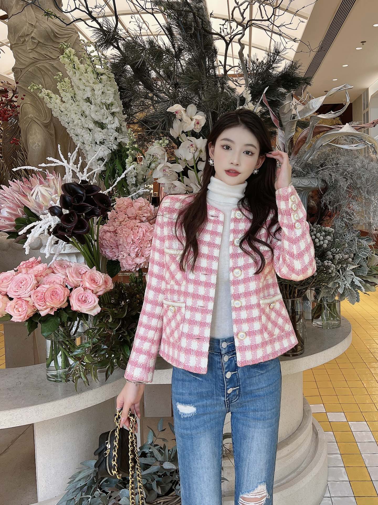 

Women's Jackets Coat thousand bird plaid pink small fragrance female short round neck top senior sense niche design 2022 autumn/winter new