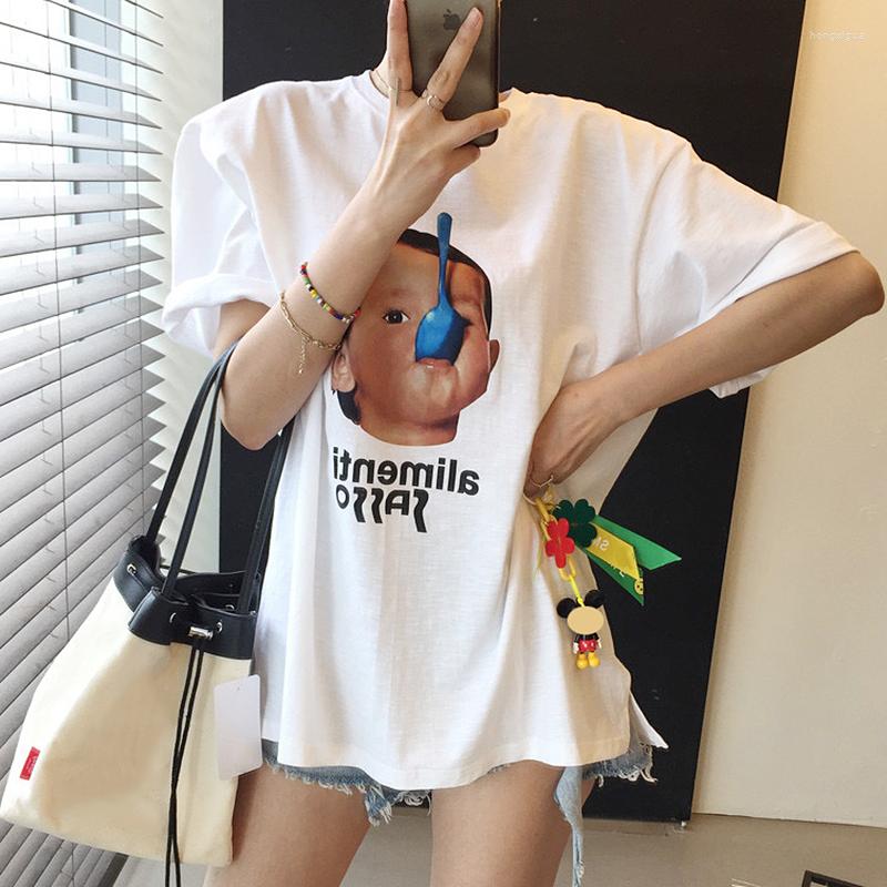 

Women's T Shirts Korea Chic Summer Playful Age Reduction Round Neck Cartoon Letter Print Hedging All-Match Loose Short-Sleeved T-Shirt Top, Green
