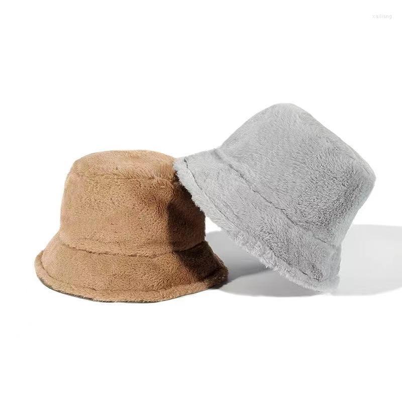 

Berets Pure Imitation Faux Fur Fisherman's Hat Autumn Winter Korean Thickened Cute Kawaii Japaness Girl Wear Bucket Hats, White