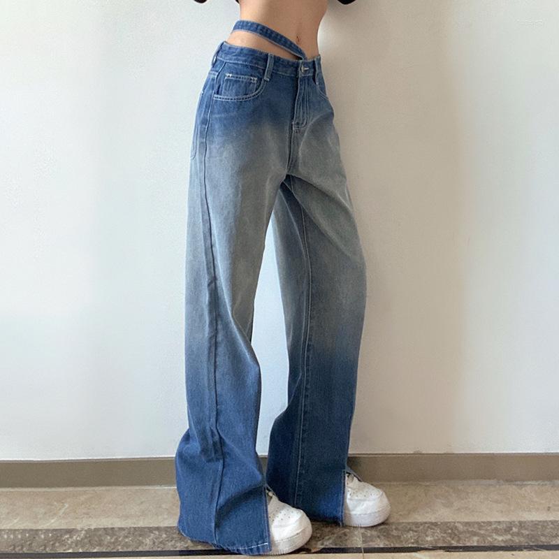 

Women' Jeans Tie Dye Green Spring Women Personality Hollow Out Mid Waist Split Straight Y2k Fashion Loose Wide Leg Denim Trousers