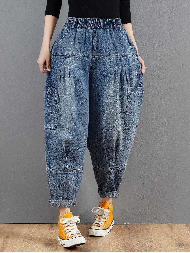 

Women's Jeans Fashion Elastic Waist Pants Women's 2022 Loose Winter Fleece Thickened Vintage Denim Oversized Harem Streetwear, Black