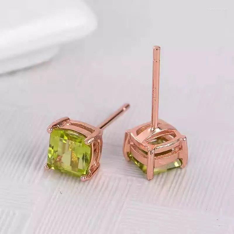 

Stud Earrings LANZYO 925 Sterling Silver Natuarl Peridot Girls Birthday Gift Princess Square Earring Fine Jewelry For Woman