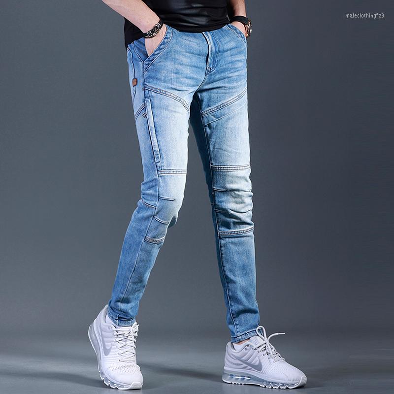 

Men's Jeans Men Designer Spliced Slim Spring Summer Thin Cowboy Pencil Pants Preppy Style Biker Zipper Casual Denim Trousers, As photos