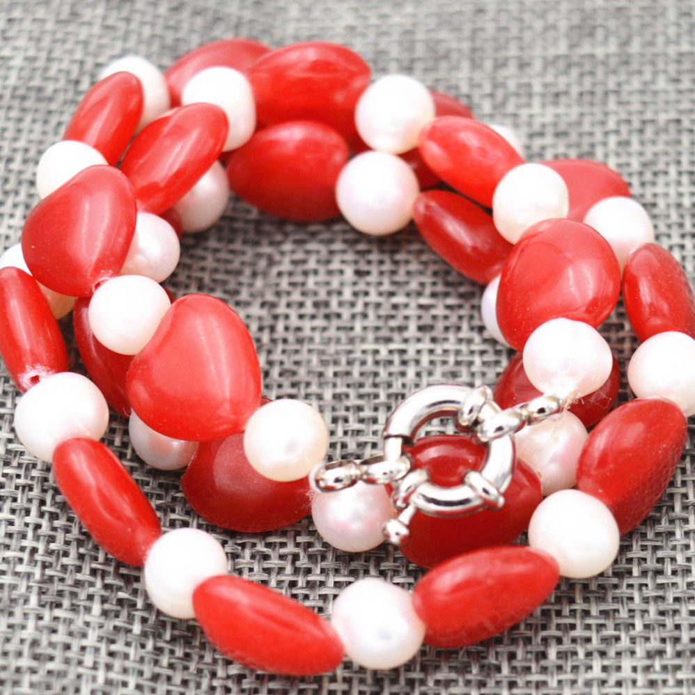 

Charming 12mm Heart Red Jade 7-8mm White Pearl Gemstone Necklace 20''