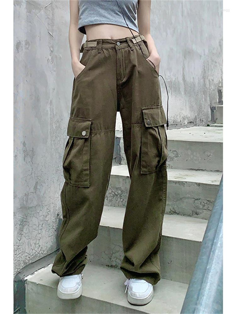 

Women' Pants Summer Women Vintage Army Green High Waist Cargo Fashion Pocket Baggy Straight Street Wide Leg Trouser Ladies, Black
