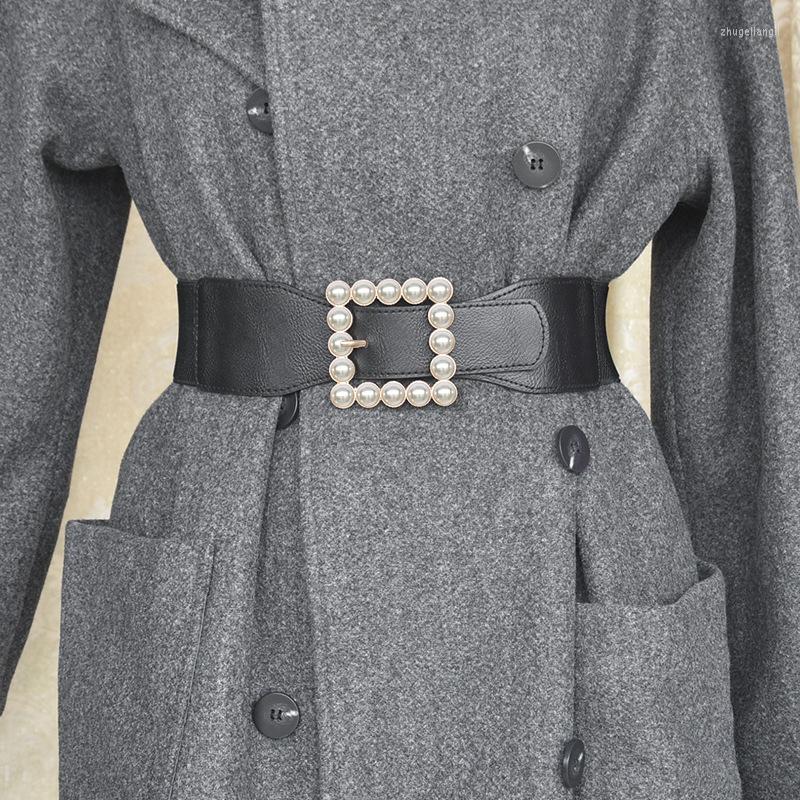 

Belts Fashion Women PU Belt Metal Buckle Square Pin Pearl Waistband Student Wild Jeans Dress Waist Strap, White