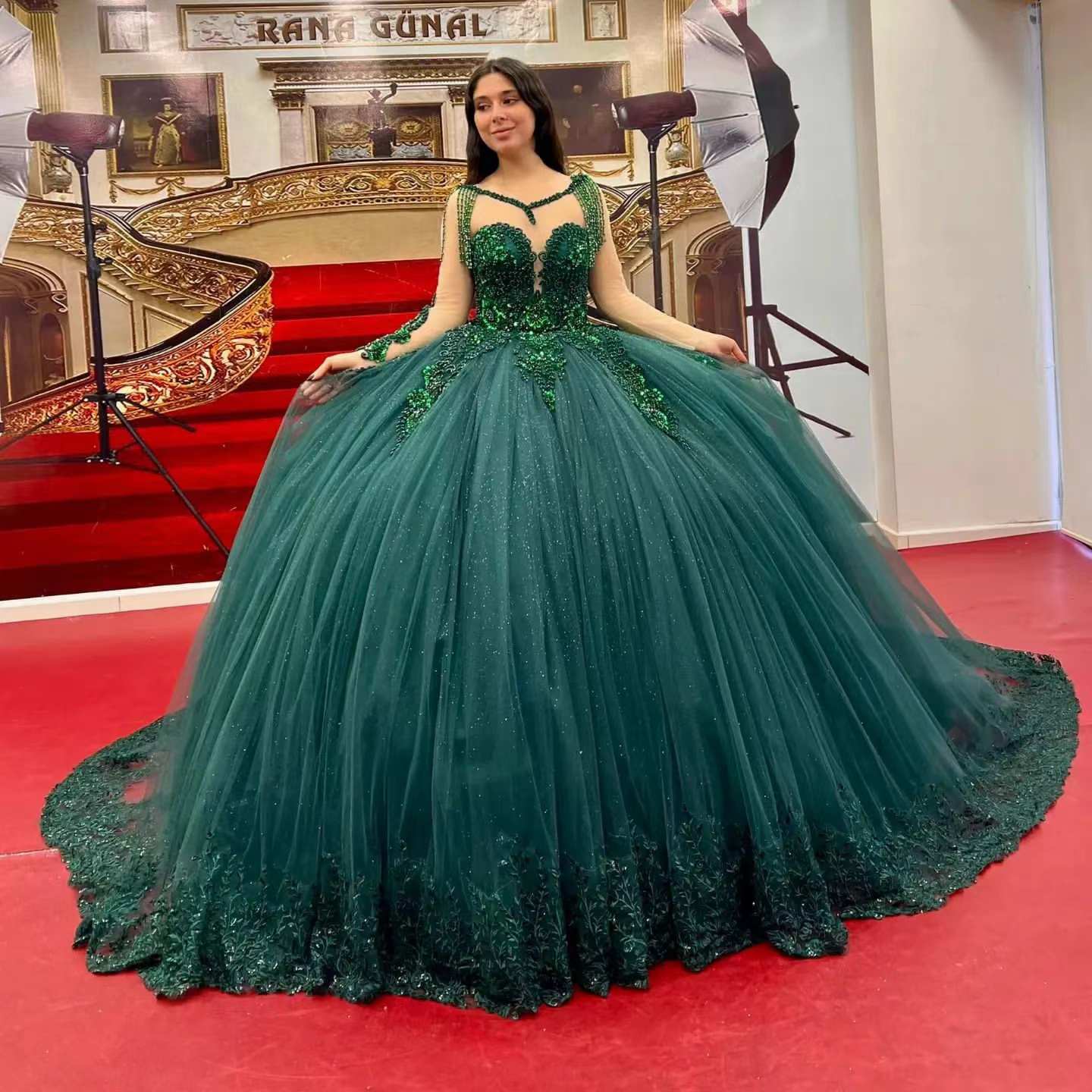 

Emerald Green Quinceanera Dresses Ball Gowns Appliques Lace Beads Off The Shoulder Graduation Gown Birthday Party Prom Dress, Water melon