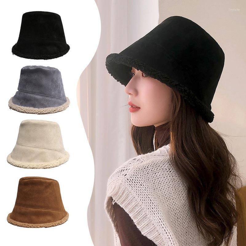 

Berets Autumn Winter Lamb Wool Lined Fisherman Cap Female Lady Solid Suede Outdoor Windproof Bucket Hat Casual Fordable Paname Hats