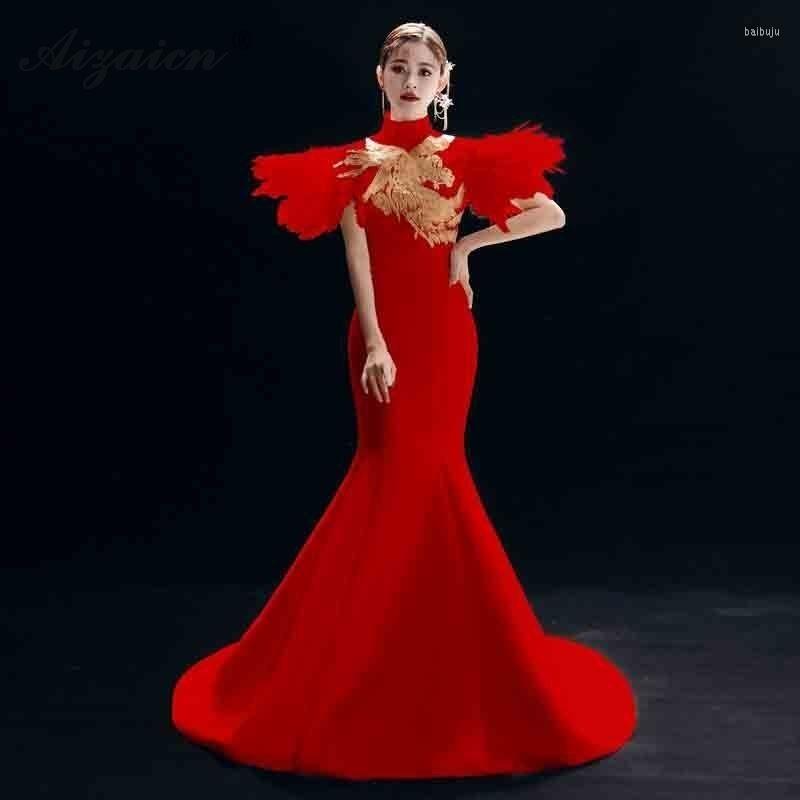 

Ethnic Clothing Red Fashion Embroidery Dragon Cheongsam Long Oriental Style Evening Dresses Women Modern Chinese Wedding Dress Robe Rouge Qi