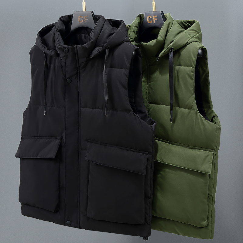 

Men's Vests Plus Size L8XL Men's Winter Sleeveles Jackets Hooded Brand Thick Warm Cotton Padded Vests Men's Coat with Big Pockets 221202, Black
