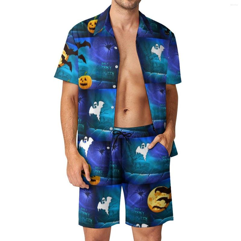 

Men's Tracksuits Black Bats Print Men Sets Spooky Halloween Casual Shirt Set Vintage Beachwear Shorts Summer Suit Two-piece Big Size, Style-1