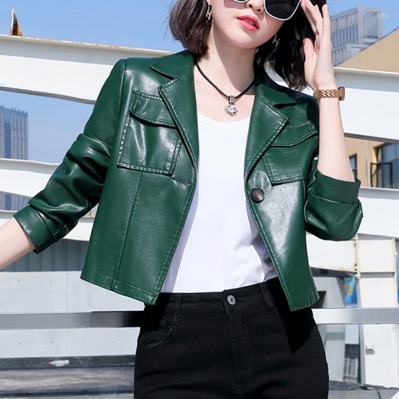 

Women's Leather Spring Autumn Women Fashion Green Black Faux Short Jacket Female Casual Lapel Zipper Biker Crop Coat