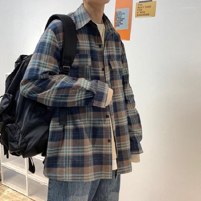 

Men's Casual Shirts Japanese Retro Tooling Plaid Shirt Autumn Men's College Style Jacket Loose Couple Long-sleeved Camisas De Hombre, Blue