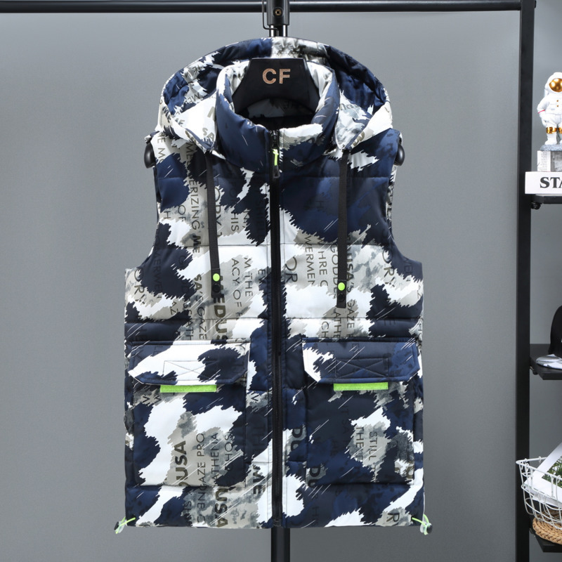 

Men's Vests 3661 Outerwear Vest Coat Men Zipper Slim Hooded Sleeveless Jacket Pockets Down Vest Camouflage Vest Waistcoat Autumn Winter 221202, Blue camouflage