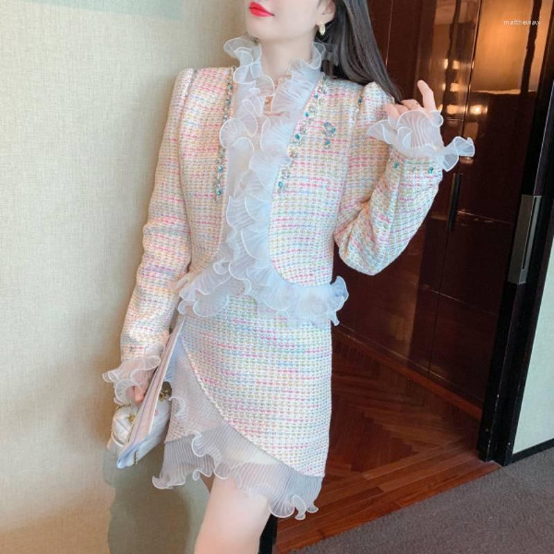 

Work Dresses Small Fragrance Tweed Wool 2 Piece Set Women Petal Sleeve Diamonds Beading Short Jacket Coat Ruffles Skirt Suit, Picture shown