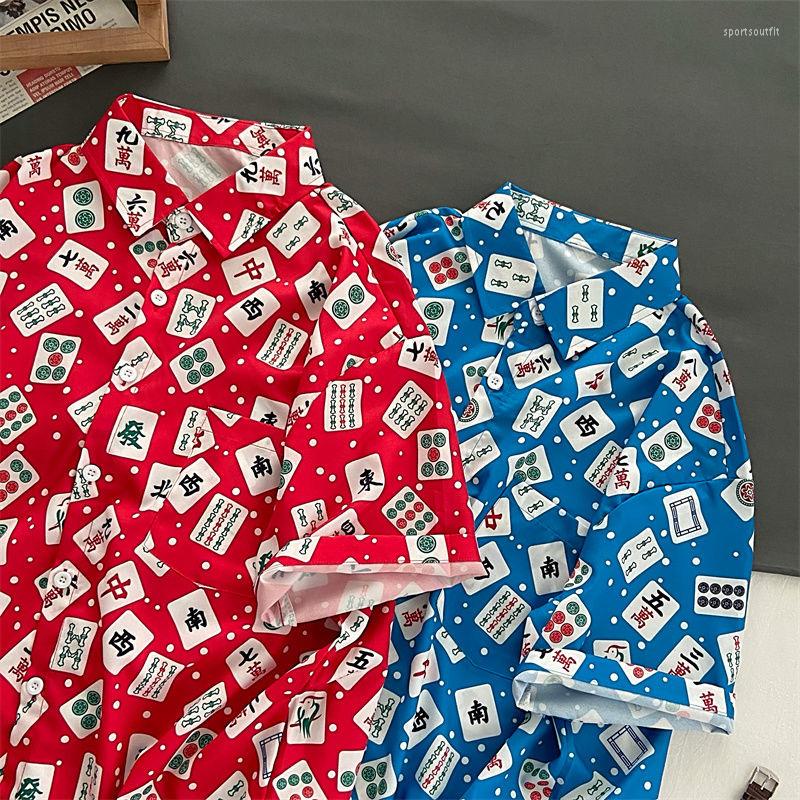 

Men' Casual Shirts Women' Floral Blouse Shirt Man 2022 Cartoon Mahjong Short Sleeved Versatile Loose Korean Blue Japanese Top Fashion