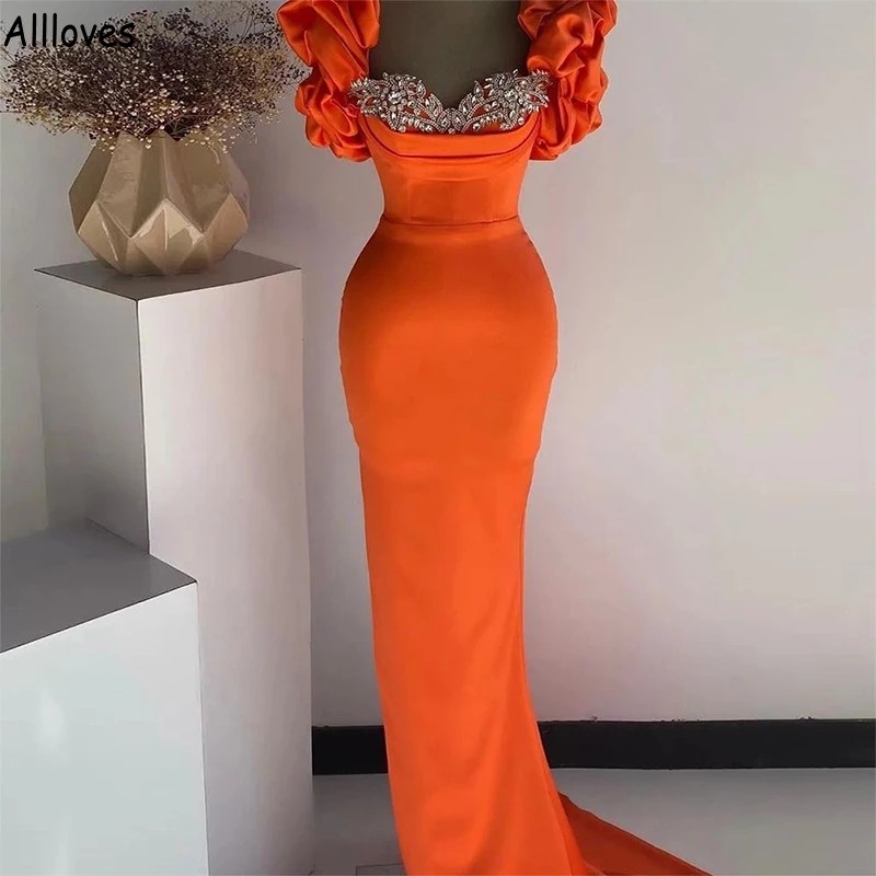 

Arabic Aso Ebi Orange Satin Evening Dresses Sparkly Crystals Ruched Puff Short Sleeves Prom Party Gowns Sweep Train Women Second Reception Celebrity Dress CL1536, Hunter