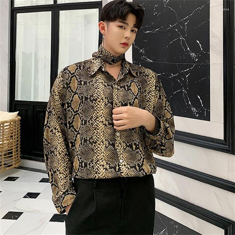 

Men's Casual Shirts Snakeskin Pattern Tassel Shirt Men Teenage Fashion Bandage Loose Long Sleeve Mens Mid-length B468, Gold