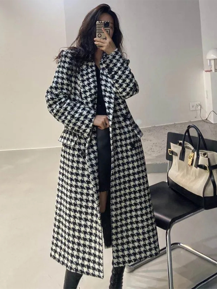 

Women's Wool Blends Fashion Houndstooth Woolen Coat Woman Winter Thick and Warm Long Ladies Autumn Casual Suit Collar Top Clothes 221201, Black