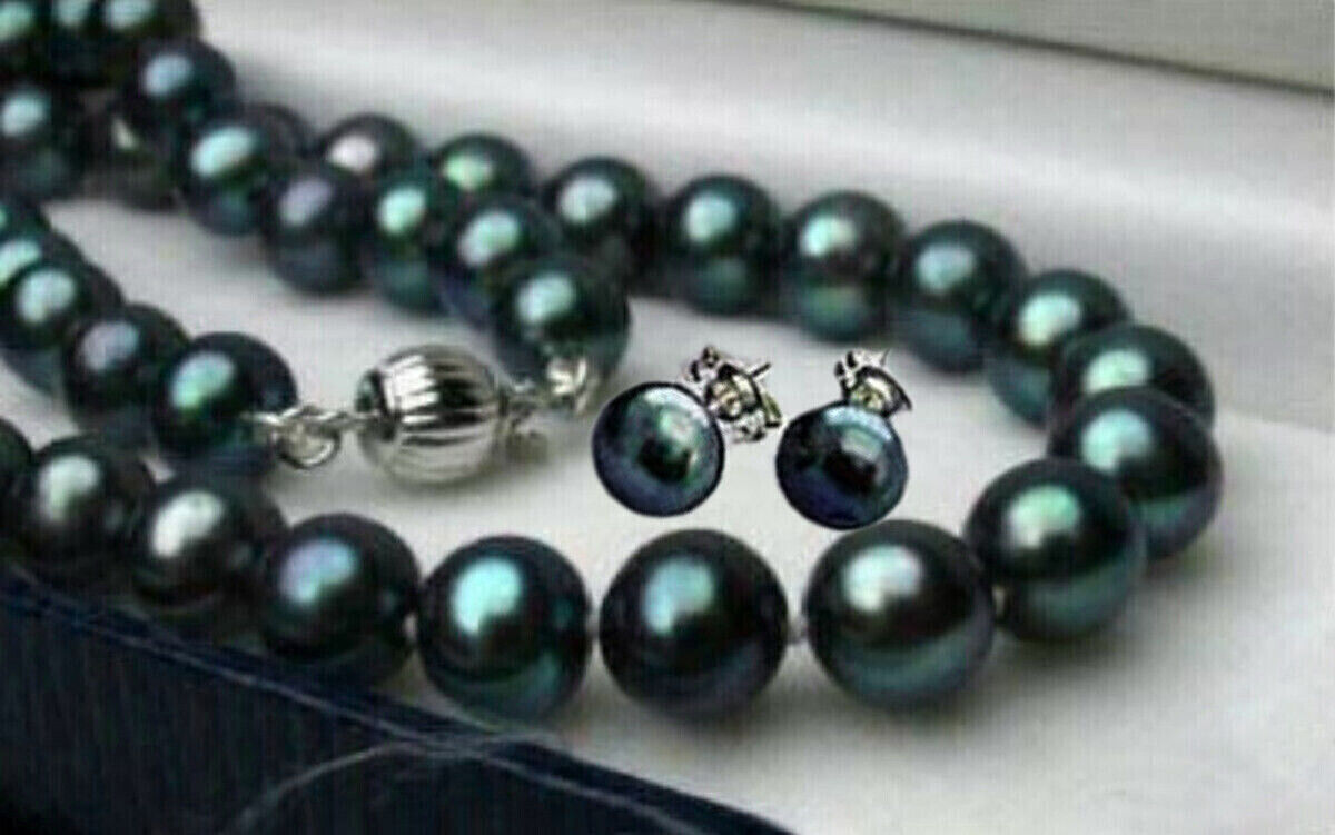 

Natural 8-9mm Black Akoya Freshwater Cultured Pearl Necklace Earrings Set 18"