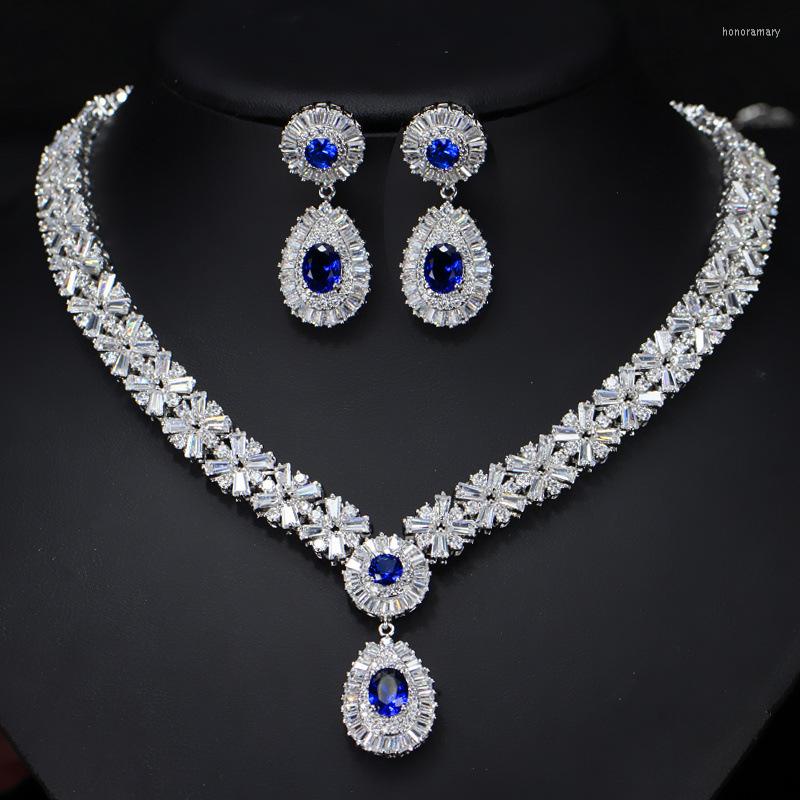 

Necklace Earrings Set 6 Colors High Quality African CZ Beads Big Red Green Blue Cubic Zirconia Luxury Women For Evening Party, Picture shown