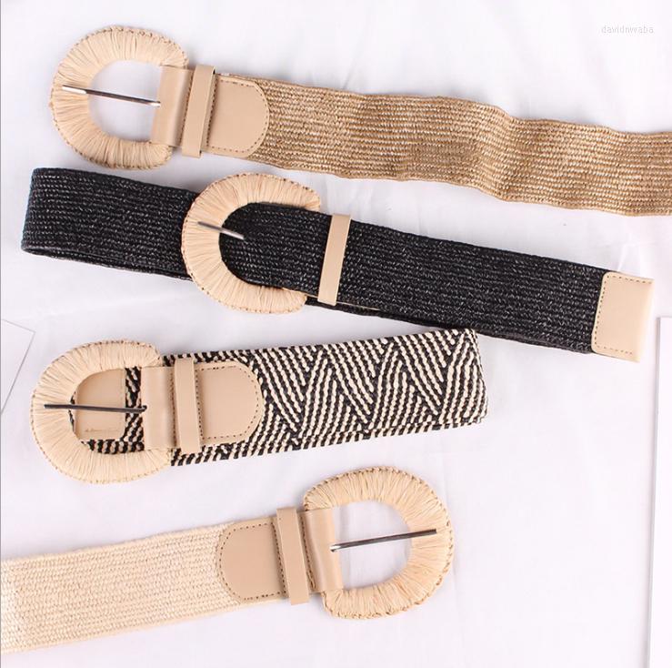 

Belts Vintage Boho Braided Stripe Waist Belt Summer Solid Female Smooth Buckle Spit-Up Fake Straw Wide For Women, Black