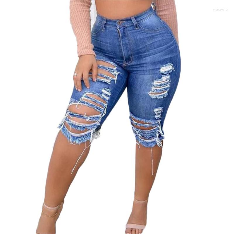 

Women's Jeans Ripped For Women Spring Summer Fringed Brushed High Waist Shorts Stretch Casual Straight Pants Blue Street Denim  5XL