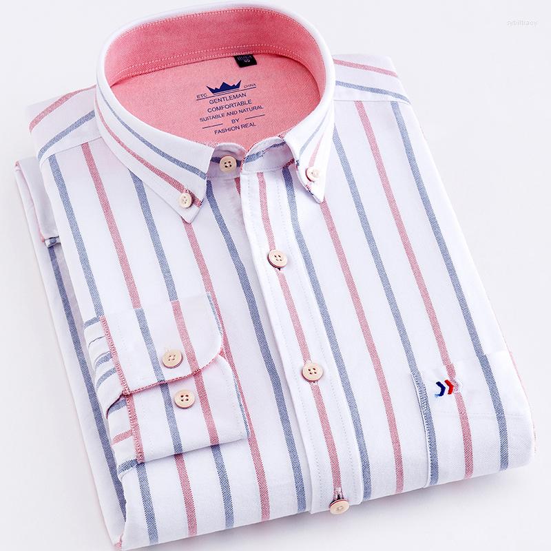 

Men' Casual Shirts Vertical Striped Shirt For Men Long Sleeve Oxford Pure Cotton Good Stitch Front Pocket Mens Quality, 201806-19