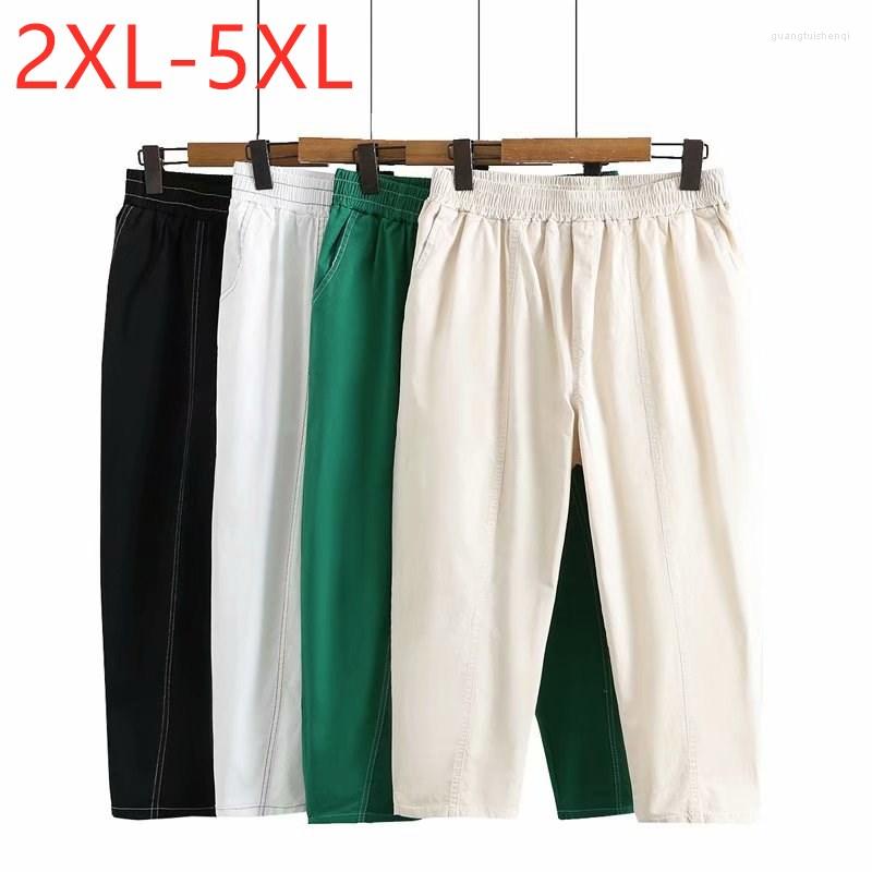 

Pants 2022 Ladies Summer Plus Size Cropped For Women Large Loose Casual Elastic Green White Pocket Trousers 2XL 3XL 4XL 5XL, Black