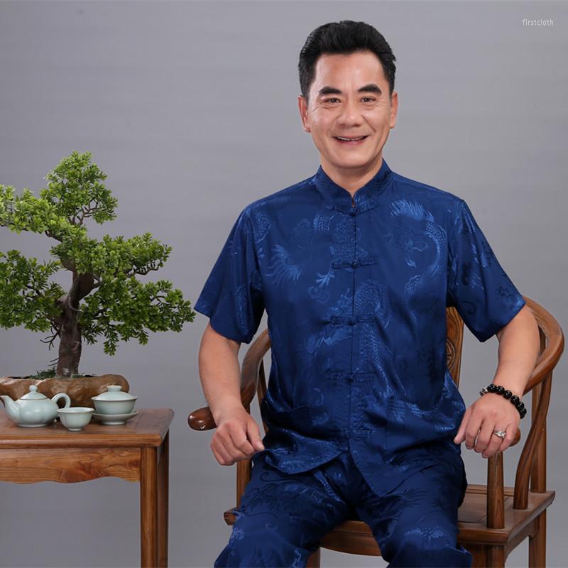 

Ethnic Clothing Navyblue Dragon Chinese Men Suit Satin Wu Shu Uniform Short Sleeve Long Pants Tai Chi Set Traditional Novelty