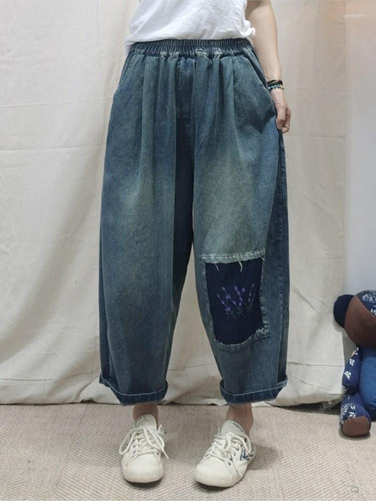 

Women's Jeans Women 2022 Autumn Winter Loose Casual Retro Denim Pants Ladies Elastic Waist Holes Embroidery Wide Leg Trousers, Black