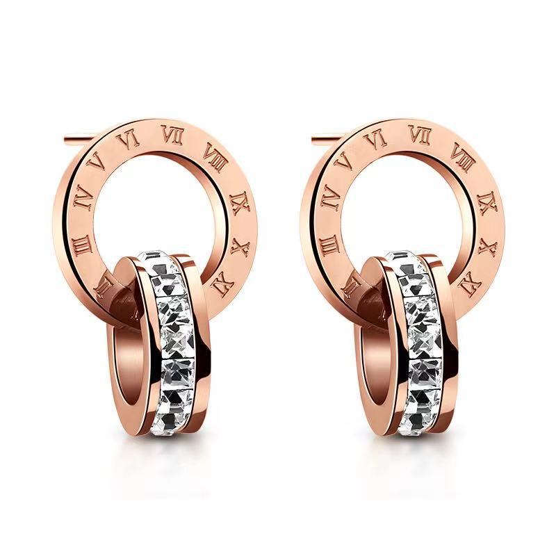 korean simple rome designer letters stud earrings 18K rose gold stainless steel retron vintage ear rings earring earing with shining crystal zirc-image-765021086