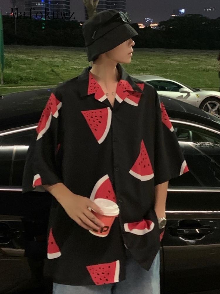

Men's Casual Shirts Vintage Baroque Shirt Short-sleeved Button Blouse Men's Summer Ice Silk Chiffon 90s Hong Kong Style Watermelon Print, Black