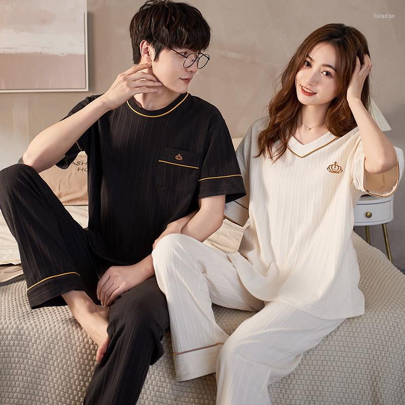 

Men's Sleepwear Couple Men And Women Matching Home Suits Cotton Pjs Chic Solid Crown Prints Leisure Nightwear Pajamas For Summer, 3 men